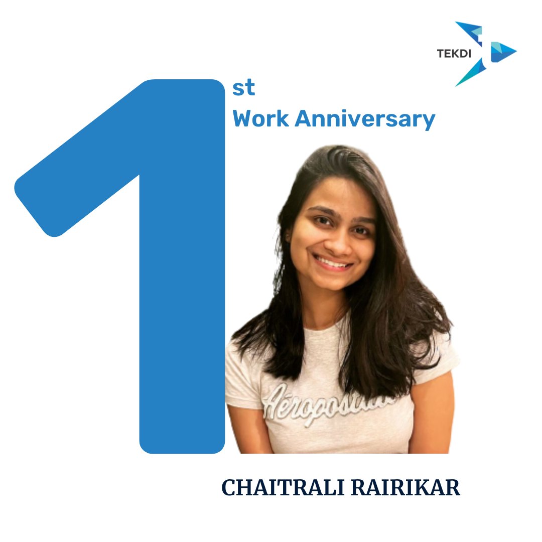 tekdinet's tweet image. Congratulations on your 1st work anniversary Chaitrali! Let's continue #MakingItMatter and we're proud of your sincerity and passion!

#1stWorkAnniversary #WorkAnniversary #TekdiTechnologies #TekdiFamily #LifeAtTekdi #MakeItMatter
