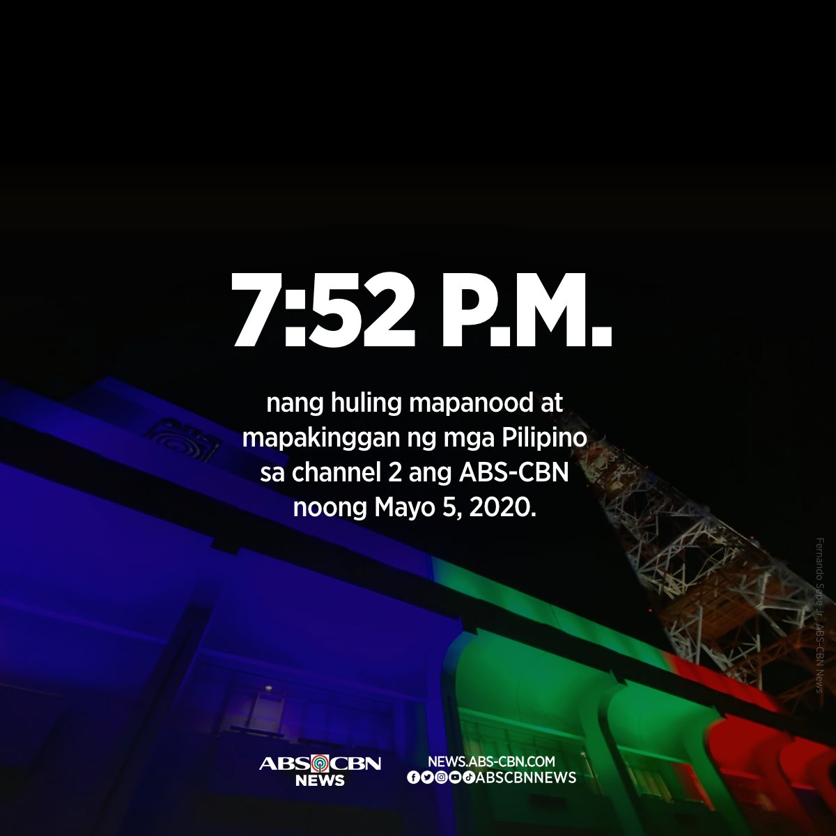Pagsapit ng 7:52 p.m. noong Mayo 5, 2020, tumigil sa pag-ere ang ABS-CBN Channel 2 alinsunod sa kautusan ng NTC.

Pero hindi tayo tumigil sa paghahanap ng mga paraan upang makapagserbisyo sa mga Pilipino saan man sa mundo. #ABSCBNShutdown