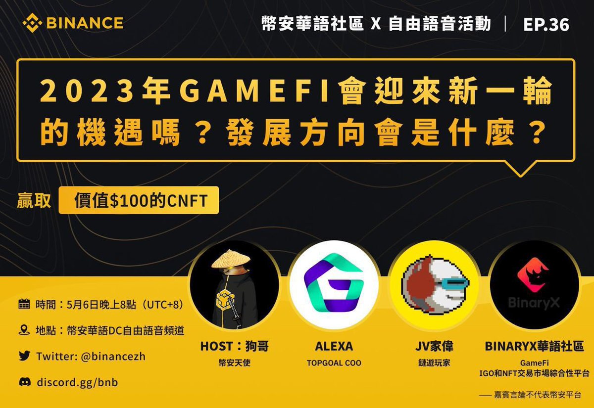 不要錯過<a href="/binancezh/">币安Binance华语</a>舉辦的DC語音活動！

💡本期主題
Web3遊戲是否會在2023年迎來新一輪機遇🔛

🙋參與者
<a href="/alexatopgoal/">Alexa TOPGOAL</a> <a href="/web3jv/">JV.hl</a> @BinaryxC <a href="/___Jackson__/">apollohpgioia</a> 

🧧奖励
抽5位填寫表單用户平分100u等值CNFT
抽5位活動上麥用戶平分100u等值GOAL
抽5位文字活躍用戶送幣安手提袋&amp;寶珠

⏰5月6日20:00 HKT