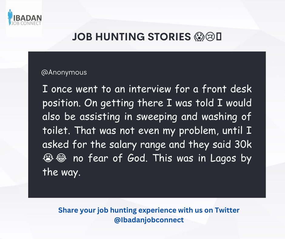 Wahala be like Nigeria employers😢 What has your job hunting experience being like? Share your story with us, send us a DM today!

#jobsinibadan #jobvacancy #jobsinnigeria #recruitmentagency #ibadanjobconnect #jobhunting