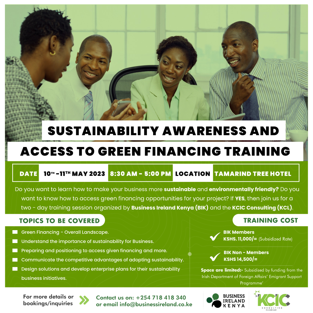 Join us together with @BIrlKe for a 2-day training (10th - 11th May 2023) on 'Sustainability awareness and access to green financing.' 

#greenfinancing #Sustainability #training