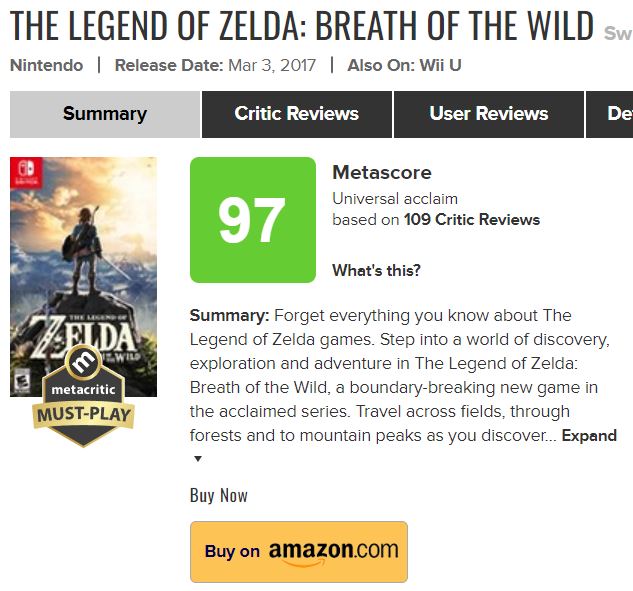 Metacritic gives TotK a 97 (67 reviews), same as BotW : r/tearsofthekingdom