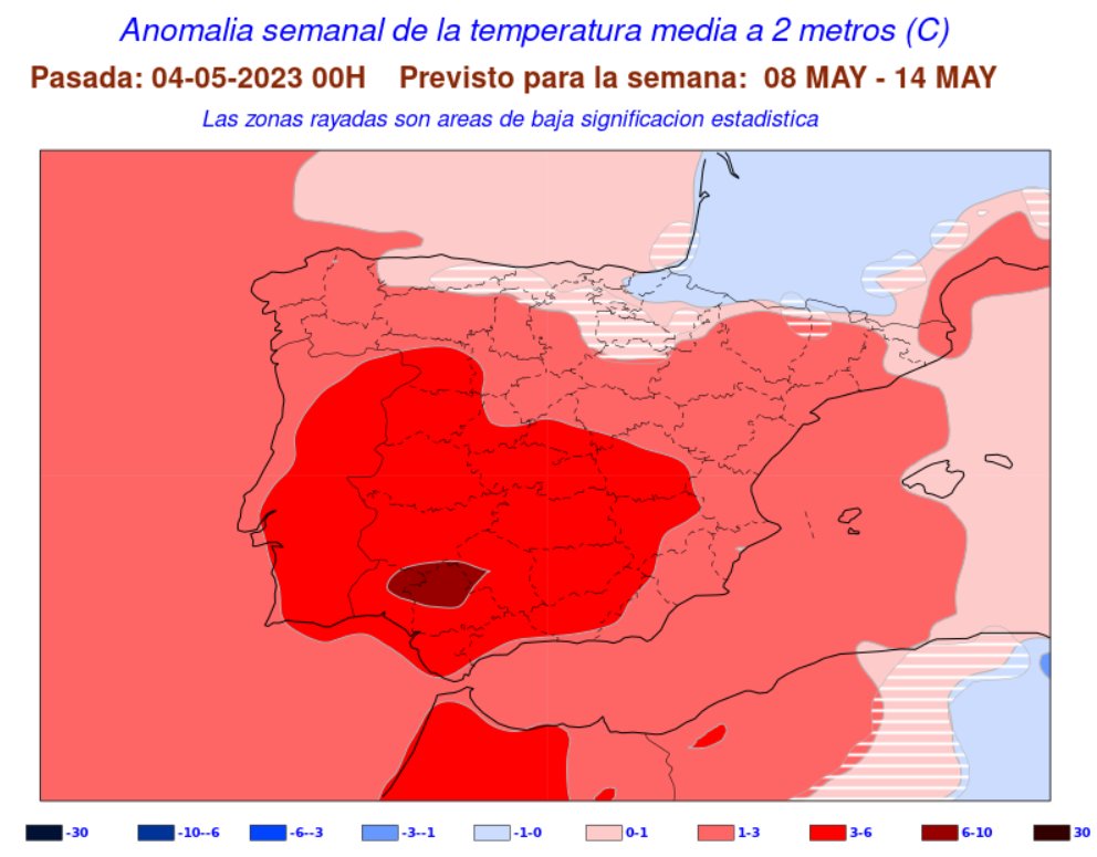 AEMET_Esp's tweet photo. Próxima semana (del 8 al 14 de mayo), sigue la misma tendencia:
➡️ Temperaturas por encima de lo normal; especialmente en Extremadura, Madrid, Castilla-LaMancha y Andalucía 🌡️
➡️ Sin precipitaciones significativas 🌞 https://t.co/fJ3DXn3eQn