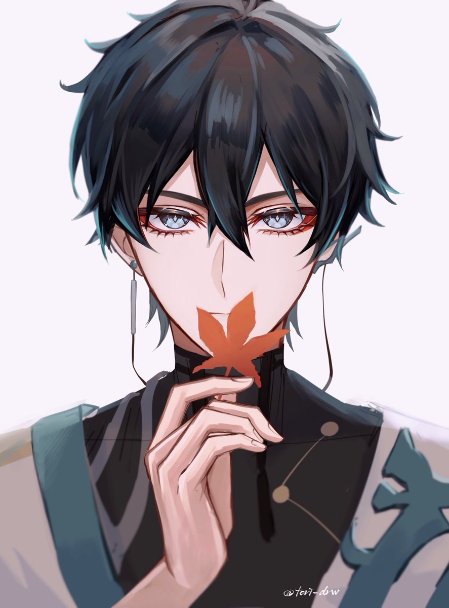 1boy male focus solo looking at viewer black hair short hair leaf  illustration images