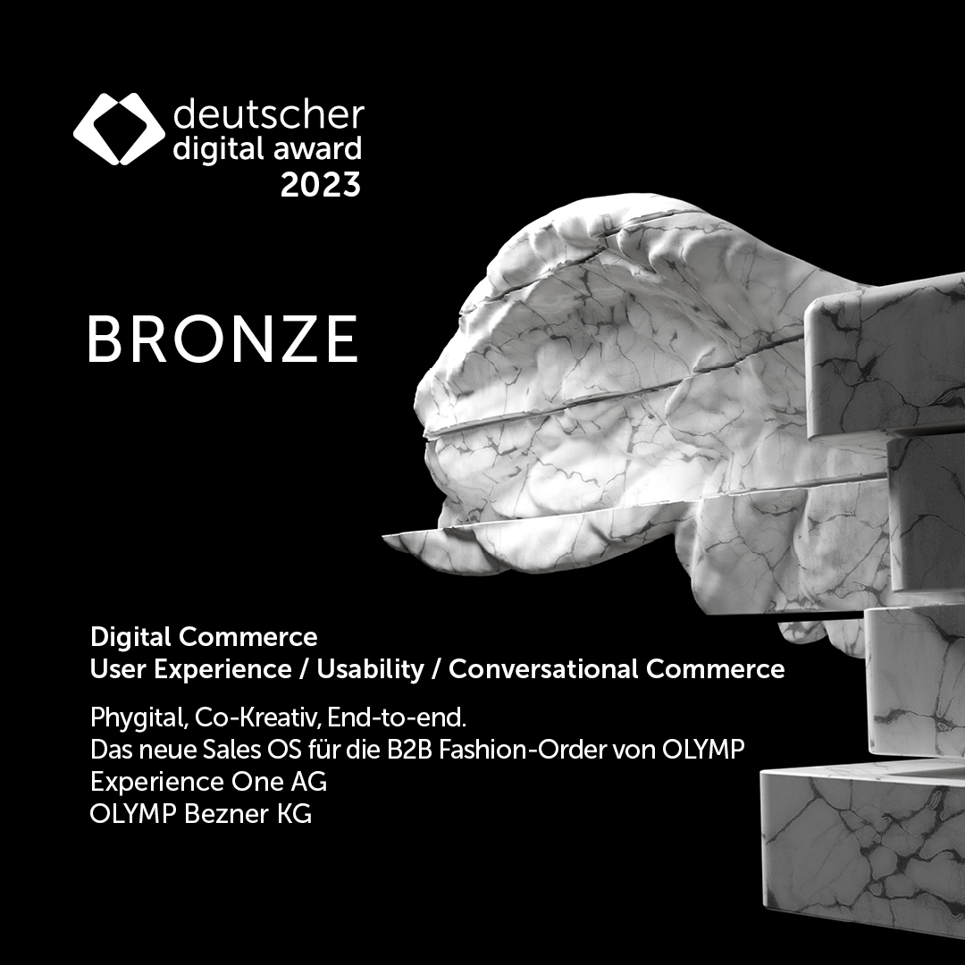 ExperienceOneAG's tweet image. Yeah! Bronze beim #DDA23 für den Digital Fashion Showroom von #OLYMP! 🎉 

Phygital, co-kreativ, end-to-end – unser Case konnte die Jury als einziger in der Kategorie „Digital Commerce – User Experience“ überzeugen. #bvdw #ux #b2b