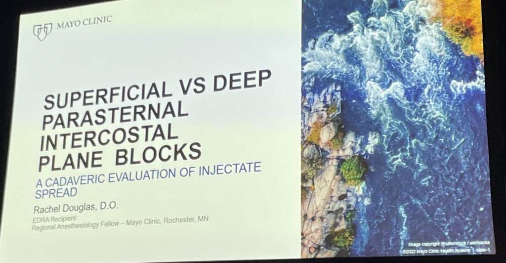 BridgetPulos's tweet photo. Congratulations @MayoAnesthesia RAAPM fellow @RachelDouglasDO 👏

excellent work on superficial vs deep parasternal intercostal plane blocks
🔑 parasternal spread greater/more consistent with DPIP
🔑 IMA within mm with DPIP 😱 
🔑 recommend DPIP be considered an advanced block https://t.co/6yHpz8Hr4V