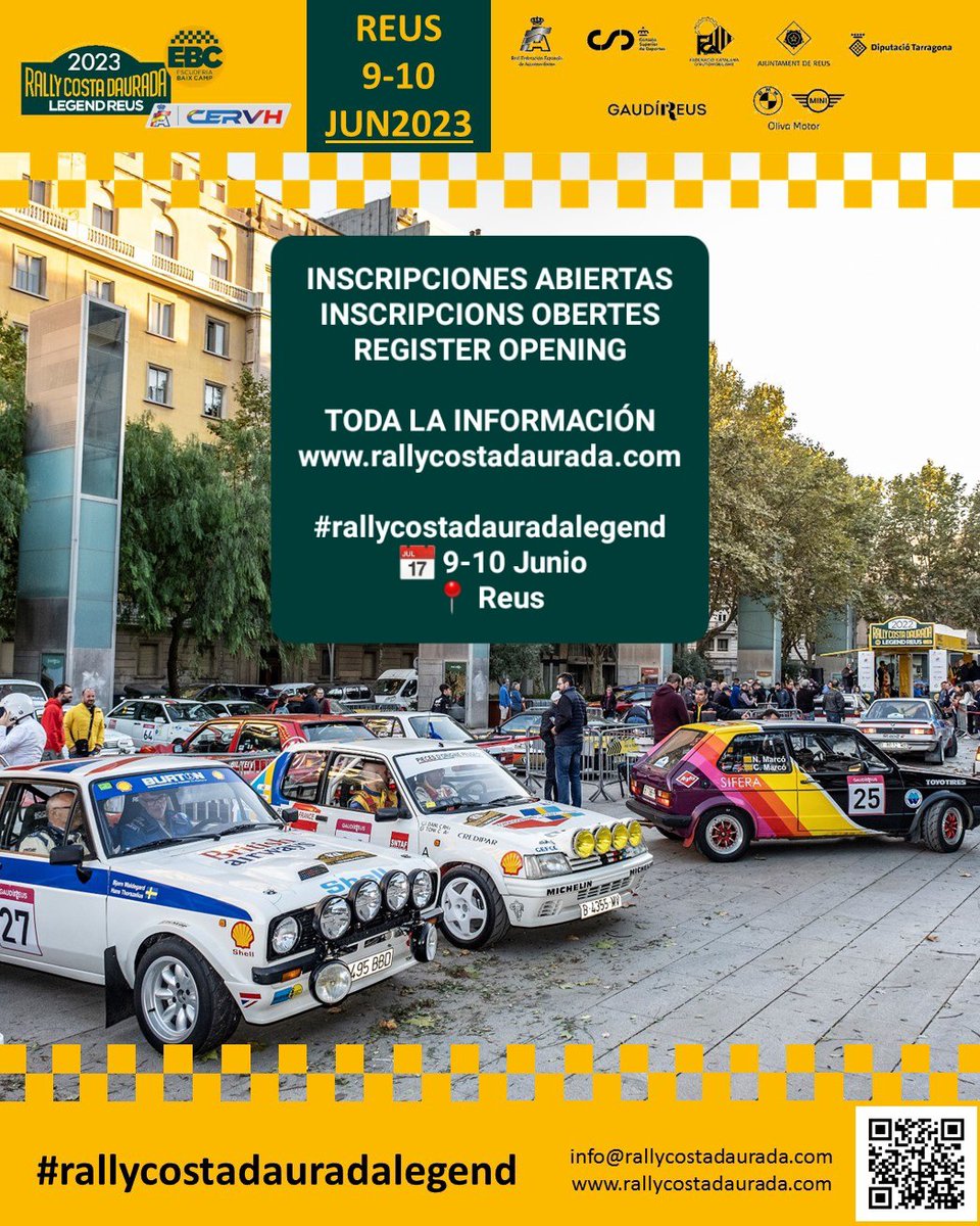 🔊🔊
INSCRIPCIONES ABIERTAS
INSCRIPCIONS OBERTES
REGISTER OPENING

TODA LA INFORMACIÓN EN
rallycostadaurada.com

🔜 #rallycostadauradalegend
 📅 9-10 Junio
📍 #Reus
<a href="/reus_cat/">Ajuntament de Reus</a> <a href="/ReusEsport/">Reus Esport</a>
 @rfedea @CERVH1 <a href="/FCAutomobilisme/">F.C. AUTOMOBILISME</a> <a href="/GrupOlivaMotor/">Grup Oliva Motor</a>
 #Rally #velocidad #Legend #regularidad
