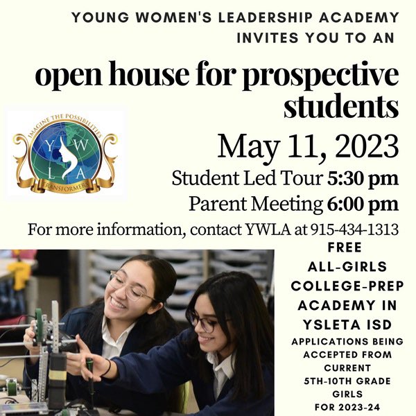 Yazmin Rivera (@yazmin_rivera3) on Twitter photo Amazing 6-12 educational experience! FREE All-Girls public school! 100% college acceptance. Don’t miss out, see you May 11th! Share the News 💜#JoinTheSisterhood <a href="/Ysleta_YWLA/">Ysleta YWLA</a> <a href="/MalindaVillalo2/">Malinda Villalobos</a> <a href="/ywlarobotics/">YWLA Robotics_Ysleta</a> @abc7breaking <a href="/elpasotimes/">El Paso Times</a>
<a href="/KFOX14/">KFOX14 News</a> <a href="/KTSMtv/">KTSM 9 News</a> <a href="/estelacasasep/">EstelaCasas</a> <a href="/mijayesyoucan/">Mija, yes you can.®️</a> Amazing 6-12 educational experience! FREE All-Girls public school! 100% college acceptance. Don’t miss out, see you May 11th! Share the News 💜#JoinTheSisterhood <a href="/Ysleta_YWLA/">Ysleta YWLA</a> <a href="/MalindaVillalo2/">Malinda Villalobos</a> <a href="/ywlarobotics/">YWLA Robotics_Ysleta</a> @abc7breaking <a href="/elpasotimes/">El Paso Times</a>
<a href="/KFOX14/">KFOX14 News</a> <a href="/KTSMtv/">KTSM 9 News</a> <a href="/estelacasasep/">EstelaCasas</a> <a href="/mijayesyoucan/">Mija, yes you can.®️</a>