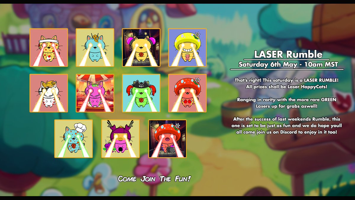 🔥Laser Rumble!🔥

Saturday 6th May - 10am MST!

discord.gg/qNST4RCPBn

After the success and all round fun of last weekends Royal Rumble, this week is set to be another really fun one with 11 Laser HappyCats in the prize pool! 
We hope to see you all there! 

#NFT #NFTs