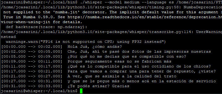 jcasarini's tweet photo. Boludeando un toque con Whisper de @OpenAI: transcripción de audio a texto, totalmente local, en la captura se ve un audio que me mando mi viejo por whatsapp... qué lindo que es #nerdear fuerte.
#sysadmin https://t.co/i5GUp5S3hU