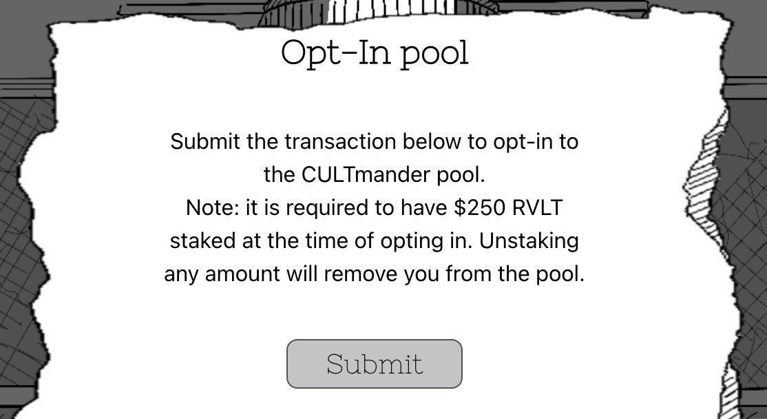 RevoltToEarn's tweet photo. Opt-in to be a CULTmander and get paid for participating in governance.  

Stake $250 of $RVLT and get your spot. Spread the word.

https://t.co/CFLvcvGR6G https://t.co/17FetbpypG