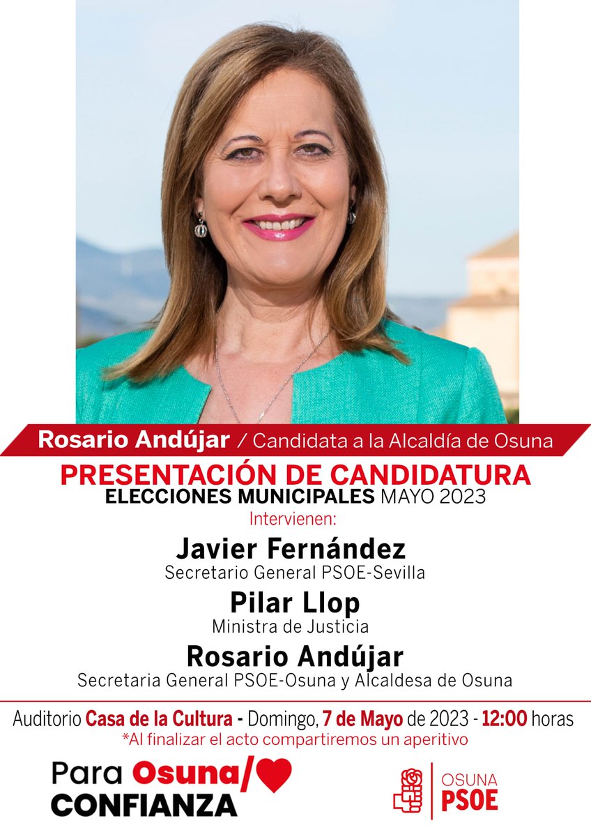 asunbellido's tweet photo. 𝐏𝐑𝐄𝐒𝐄𝐍𝐓𝐀𝐂𝐈Ó𝐍 𝐂𝐀𝐍𝐃𝐈𝐃𝐀𝐓𝐔𝐑𝐀 𝐏𝐒𝐎𝐄 𝐄𝐋𝐄𝐂𝐂𝐈𝐎𝐍𝐄𝐒𝐌𝐀𝐘𝐎 𝟐𝟎𝟐𝟑

📝Domingo, 𝟕 𝐌𝐚𝐲𝐨
12:00 🅷🅾🆁🅰🆂
✅𝐀𝐮𝐝𝐢𝐭𝐨𝐫𝐢𝐨 𝐝𝐞 𝐥𝐚 𝐂𝐚𝐬𝐚 𝐝𝐞 𝐥𝐚 𝐂𝐮𝐥𝐭𝐮𝐫𝐚

𝐏𝐚𝐫𝐚 𝐎𝐬𝐮𝐧𝐚/ ❤️ 𝘾𝙊𝙉𝙁𝙄𝘼𝙉𝙕𝘼
#paraosunaconfianza #osuna https://t.co/ayz0BOYm80