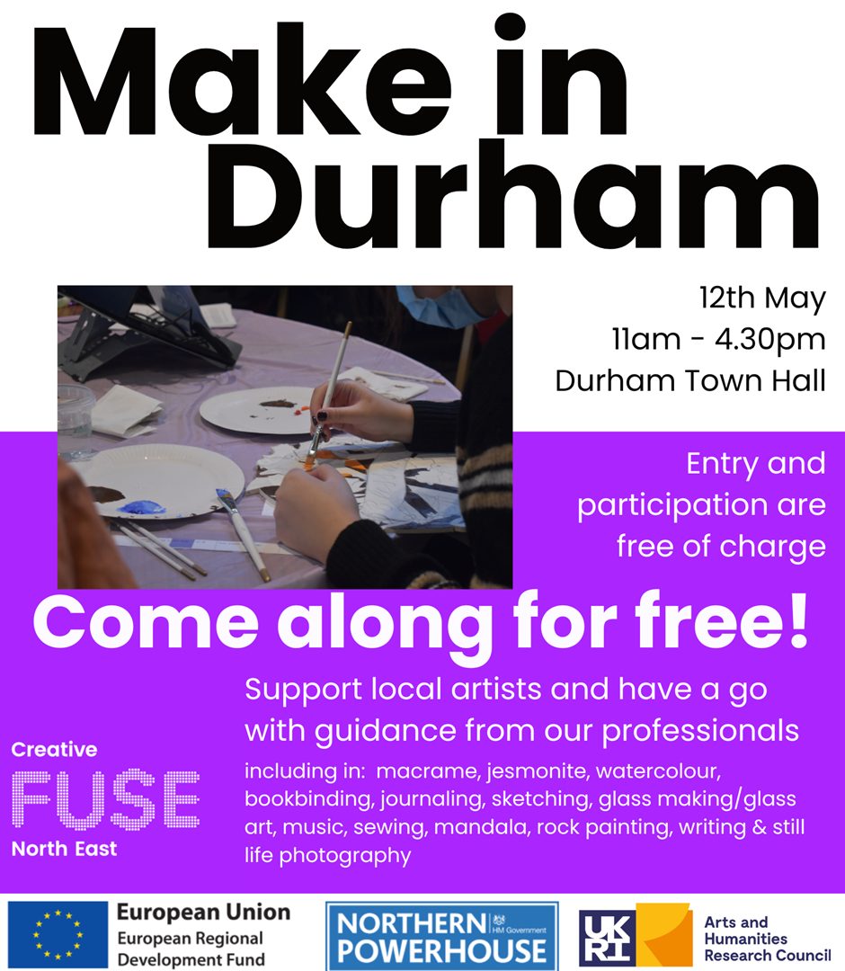 🖌️🎨🪡✍️ Join @CreativeFuseNE next Friday 12 May, 11am - 4.30pm at Durham Town Hall for 'Make in Durham'. Create your own artwork for FREE with the support & guidance of professional local artists. 
Find out more: fb.me/e/18WqSIxCT #DurhamCultureCounty #CreativeFuse