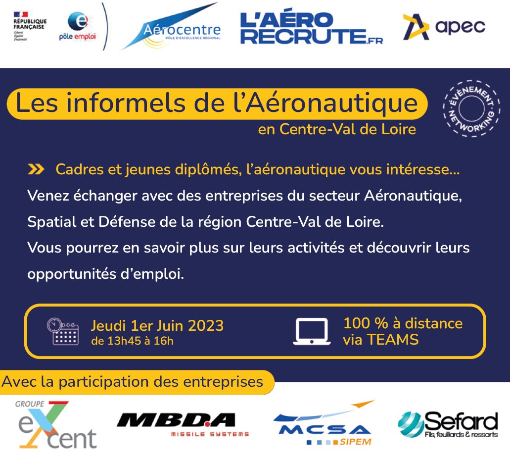 🛩 Venez à la rencontre des entreprises de l’#aéronautique en #CentreValdeLoire !
Evénement de mise en relation pour vous présenter les métiers, entreprises et opportunités d’emplois de l’aéronautique ✈
Inscription gratuite👉lnkd.in/e-MaeRpz
#jobdating #emploi #emplois