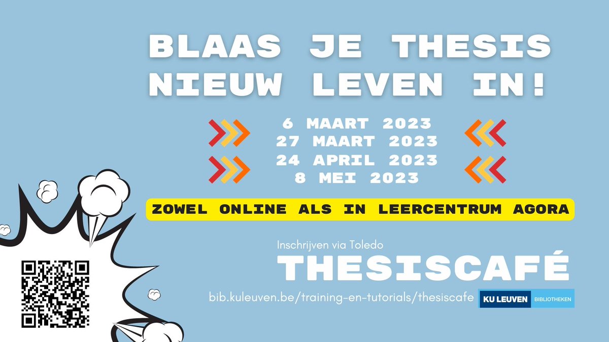 Maandag  vindt het laatste thesiscafé van het academiejaar plaats. Heb je nog  hulp nodig met je thesis? Haast je naar Agora of de online omgeving!

bib.kuleuven.be/training-en-tu… #thesiscafe #Thesis