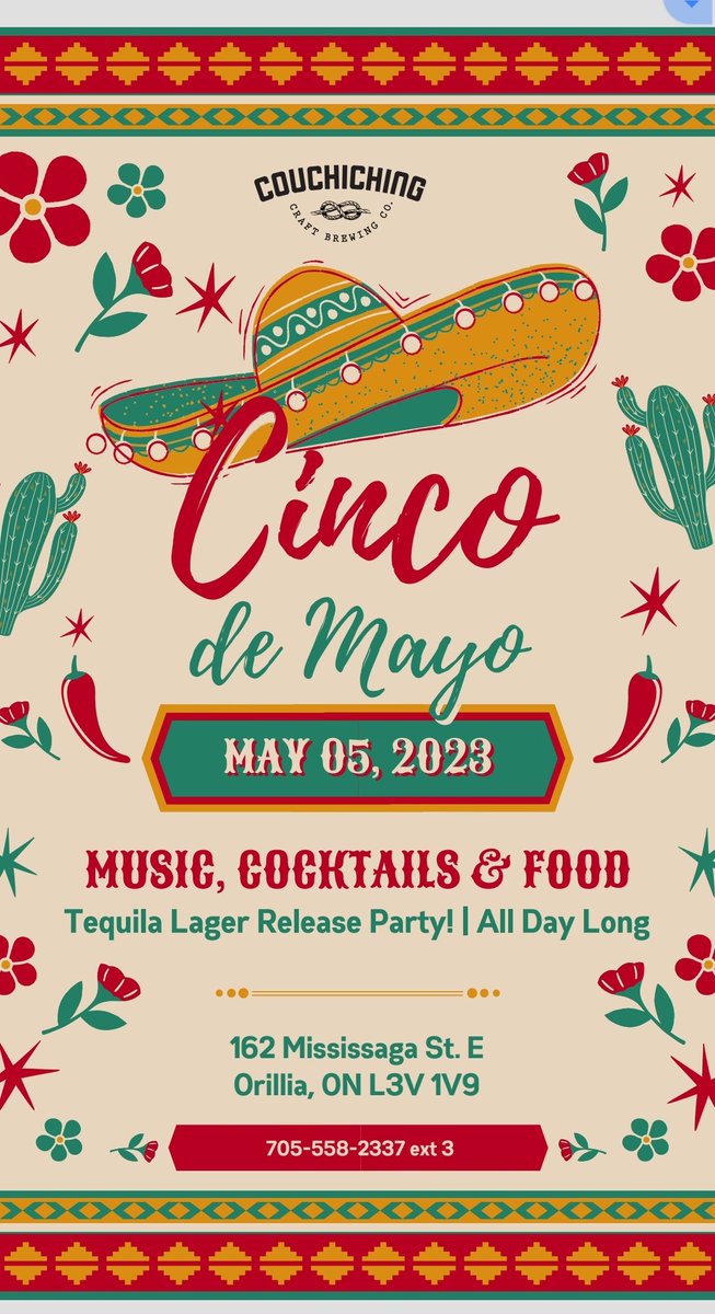 Our #CincoDeMayo Party is TODAY! Great party vibes w/ music, decorations, food &amp; drink features PLUS Barrel Aged Tequila Lager release (on tap)! 
.
#craftbeer #brewery #Orillia