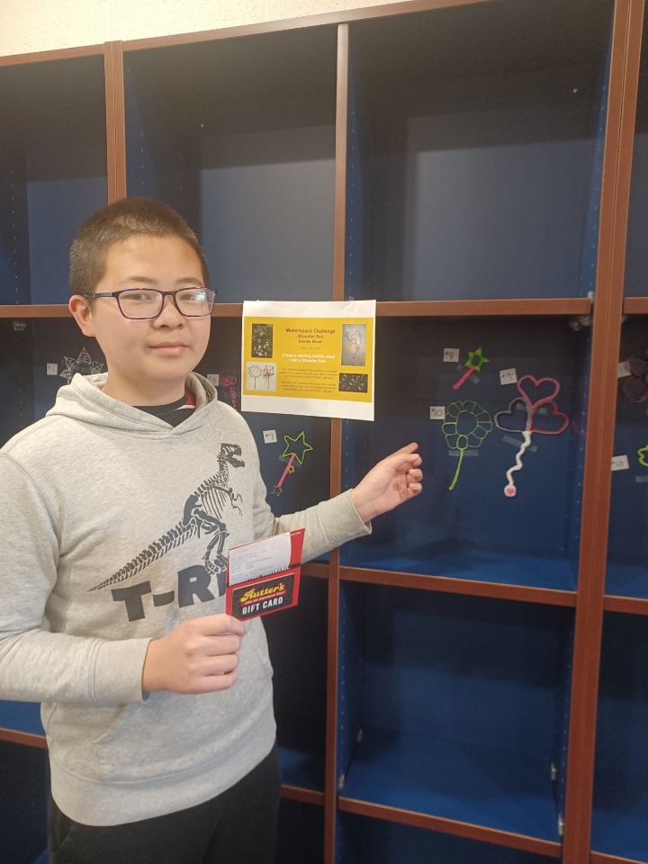 KD Media Center--Congratulations to Noah Sutton and Alain Chen, winners of Rutter's gift cards for the 3Doodler Bubble Wand Makerspace Challenge!  Noah's bubble wand was voted staff favorite.  Alain won the participant drawing.