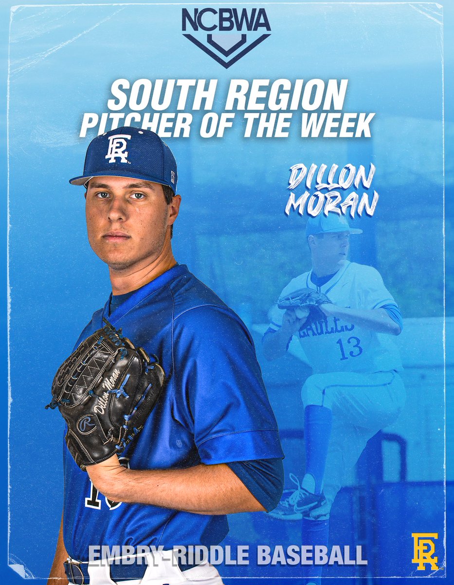 ERAUBaseball's tweet photo. The first @NCBWA South Region Pitcher of the Week in @ERAUBaseball history: Dillon Moran.

Moran's CG shutout of Eckerd last Friday was the best pitching performance in the best region in @NCAADII ⚾️

#GoERAU #StudentPersonPlayer https://t.co/4EZnedEBUq