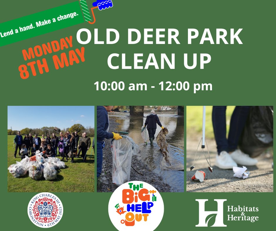Hi #litterHeores👋 Please lend a hand, make a change and join us on any of the below litter picks as part of the #BigHelpOut:

Old Deer Park - Hampton - Morlake Towpath

🕚Monday, 8 May 10AM to 12 PM

All the info is on our What's On page! bit.ly/3nvgyok