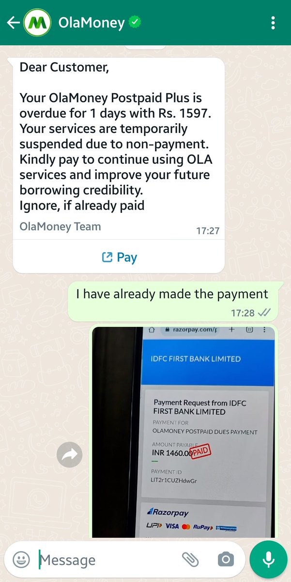 Keerty1's tweet photo. @bhash i am getting messages to clear my ola money postpaid dues which i have already done before the due date inspite of which they have levied late pyt charges and suspended my account.
Pls hv ur team resolve this on priority https://t.co/Fwiy9axL11