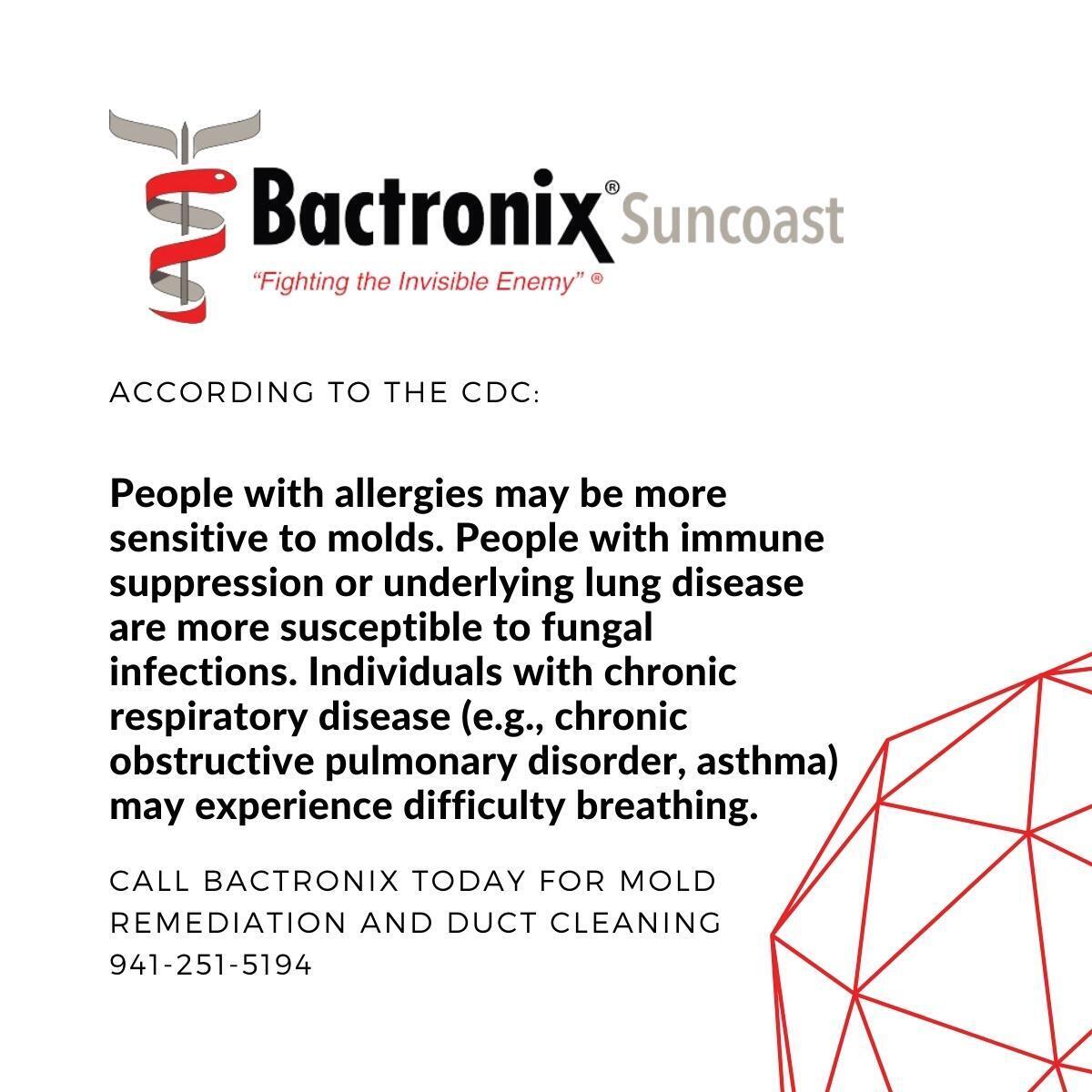 BactronixS's tweet photo. According to the CDC, people with allergies may be more sensitive to molds.  

#DisinfectingService #BradentonBusiness #SarasotaBusiness #TampaBusiness #SupportLocalBradenton #SupportLocalTampa #FloridaBusiness #mold #MoldRemediation #ductcleaning https://t.co/yy7TVe0z99