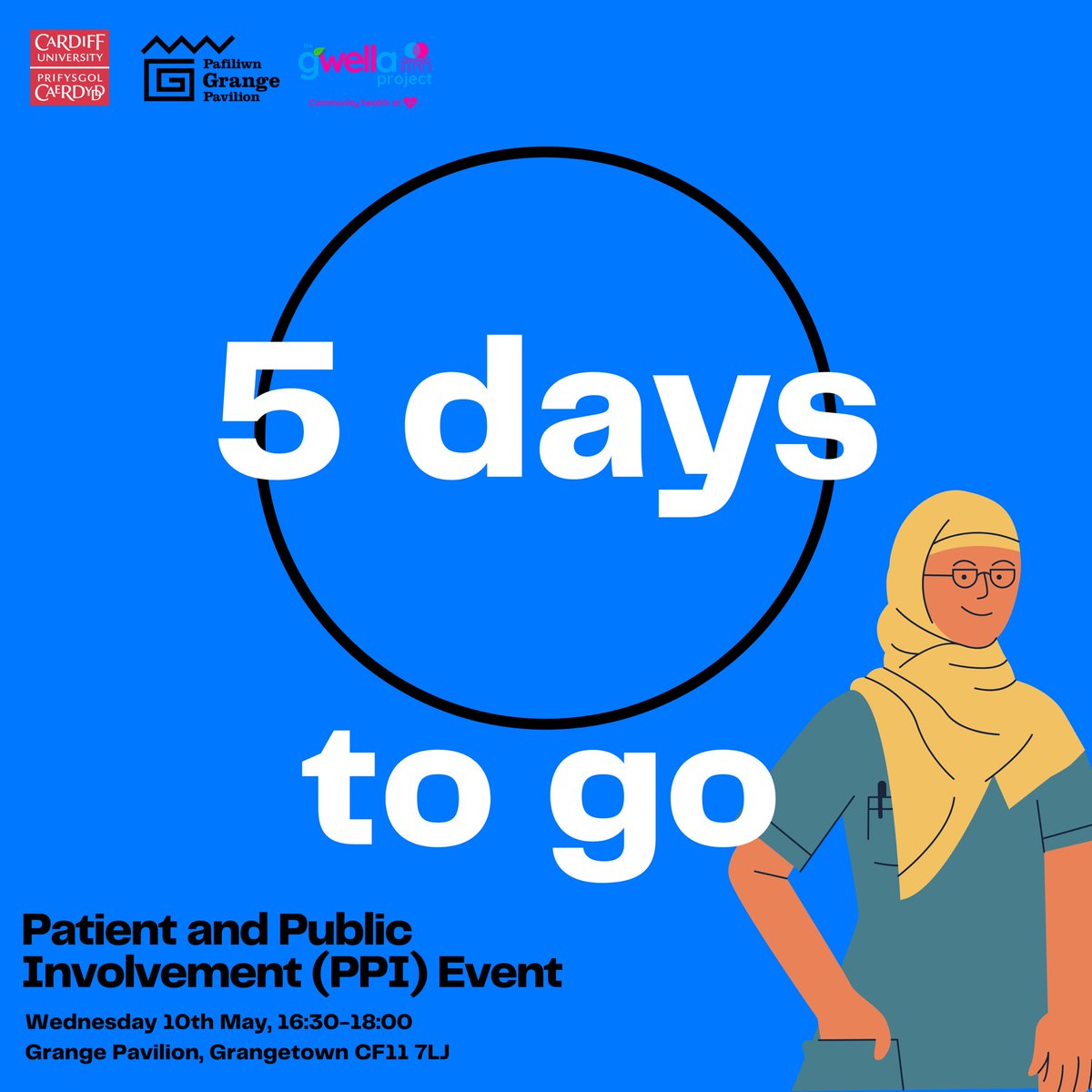 5 DAYS TO GO

Want to make your research more inclusive and diverse? Be sure to attend the upcoming PPI event in the Grange Pavilion for a chance to speak directly to the diverse, vibrant Grangetown community. 

#inclusiveresearch #cardiffandthevale #grangetown #communityhealth
