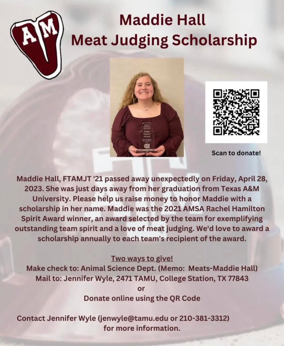 RustySuretteTV's tweet photo. Hey Rusty, I’m a student at TAMU, and a student I knew unexpectedly passed away last week, and the meat judging team (the National Championship team) is raising money to do a scholarship in her honor, and with your reach I was curious if you could send out the info to donate. 1/2 https://t.co/2SoQp3qjrz