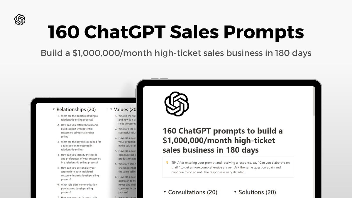 ChatGPT is a FREE sales closer

But most people don't know how to unlock its full potential

That's why I built 160 prompts to build a $1M sales business in 180 days

And for the next 24 hours, it's FREE!

To get it, just:

1. Follow me @iNotionHQ
2. RT this tweet
3. Reply "SEND"
