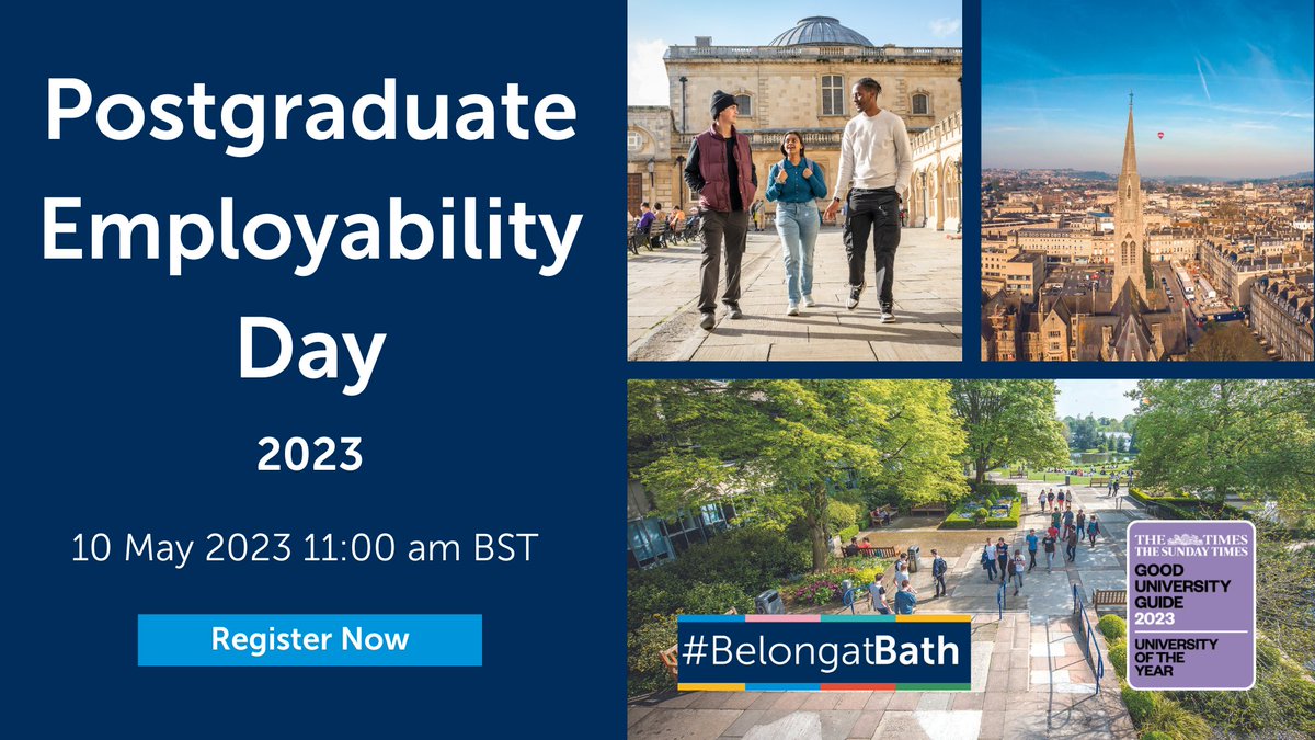 bathenganddes's tweet photo. 📣 Calling future master's students! Join us on 10th May for #PostgraduateEmployabilityDay at @UniofBath. Hear from our careers team, current students &amp; alumni on how to gear up for your future career! 🚀 

For more info &amp; register 👉 https://t.co/q33px7d8aV
#CareersAfterMasters https://t.co/vhDiSliYNk