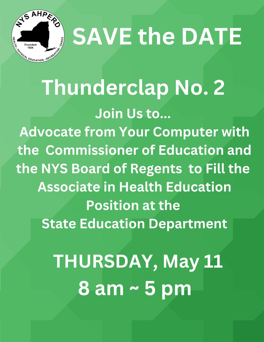 NYSAHPERD's tweet image. Get ready to advocate!!!! We need your help!
Coming soon!!! 

#healtheducation #statelevel #advocate #thunderclap