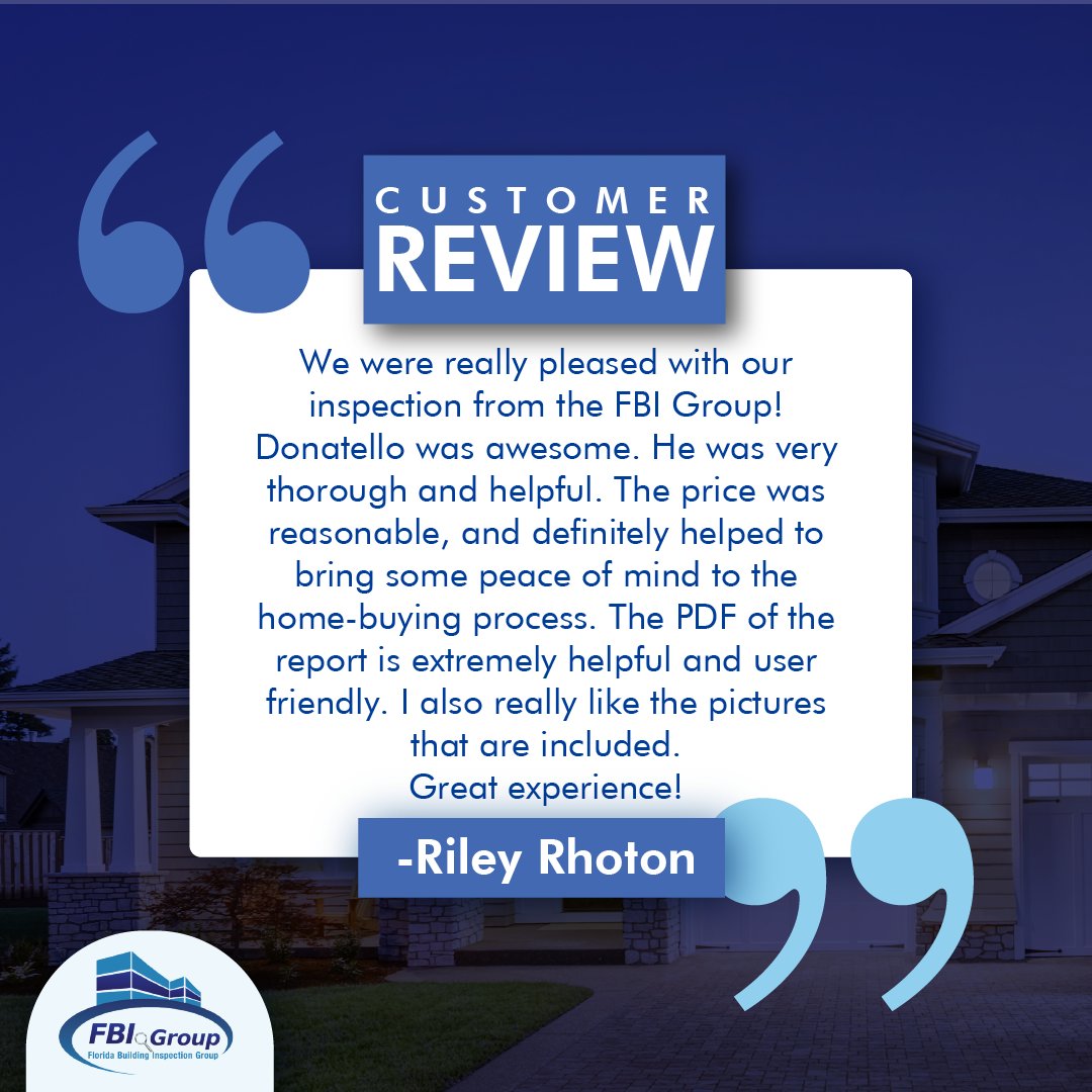 FLBIGroup's tweet photo. Thank you Riley for the review!⭐ We're glad that our thorough inspection process and knowledgeable team provided you a peace of mind. Thank you for choosing Florida Building Inspection Group, and we hope to assist you with any future inspection needs. 🌟👷‍♂️ https://t.co/EOwY9B7Mf1