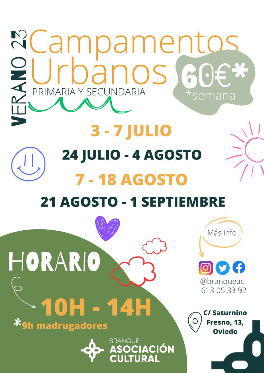 branqueac's tweet photo. ⏱ El horario es de 10h a 14h, pero tenemos opción madrugadorxs desde las 9h.
🗨 Haremos mogollón de actividades por el barrio y otras zonas y lugares.
⚠️ Inscripciones en:
📞 613 05 33 92
✉ info@branqueasociacioncultural.com

#branquerizate #campamento #verano2023 https://t.co/f9Cxo0EMGG
