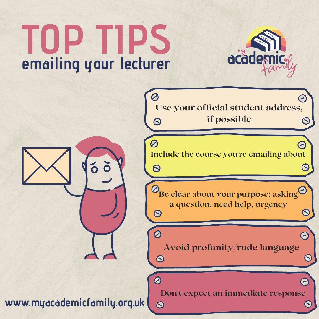 MyAcademicFam's tweet photo. This month we are focusing on practical #advice for how to effectively email your lecturer or tutor. These are our #TopTips. Have you struggled with writing an email to a lecturer or realised they didn't understand your message? #UniversityLife #StudentSupport #HowToUniversity https://t.co/ieYs1kqIUl