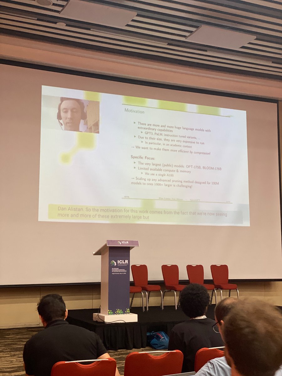 We will have the second round of the spotlight presentations now! Starting with “Massive Language Models Can be Accurately Pruned in One-Shot” presented by Elias Franter.
#ICLR2023