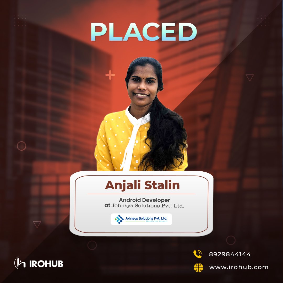 irohubinfotech's tweet image. Congratulations to Anjali for landing the job with Johnsys Solutions Pvt. Ltd.

We wish her all the best in her future endeavors.

Join IROHUB InfoTech and catch your dream career.

Contact:+91 8129844144/ 9746385761

#placement #androidtraining #irohub