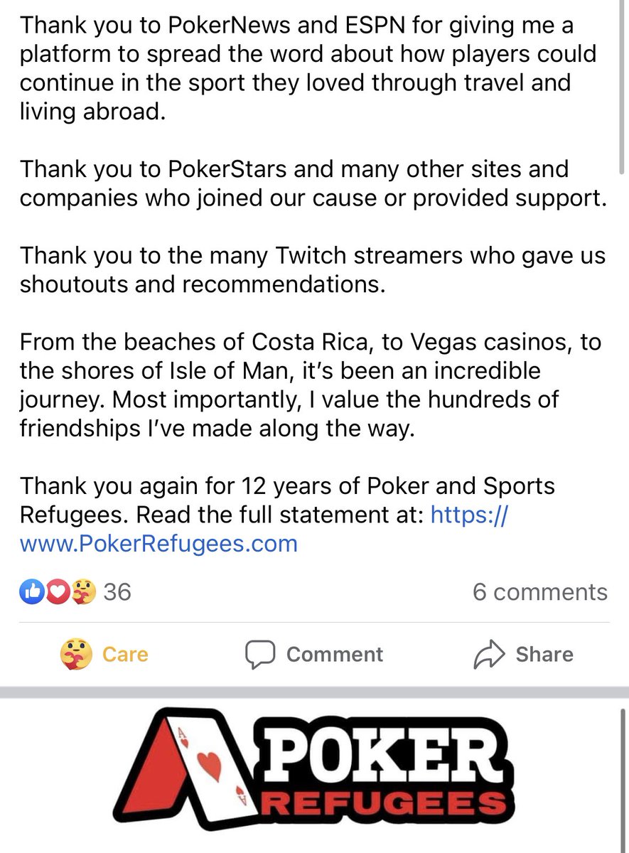 Sad to hear Poker Refugees has closed up shop after 12 years, but understandable as landscape has changed.

Post-Black Friday they were instrumental in helping many US citizens relocate outside country so they could continue playing online poker.

Perfect service for those times.