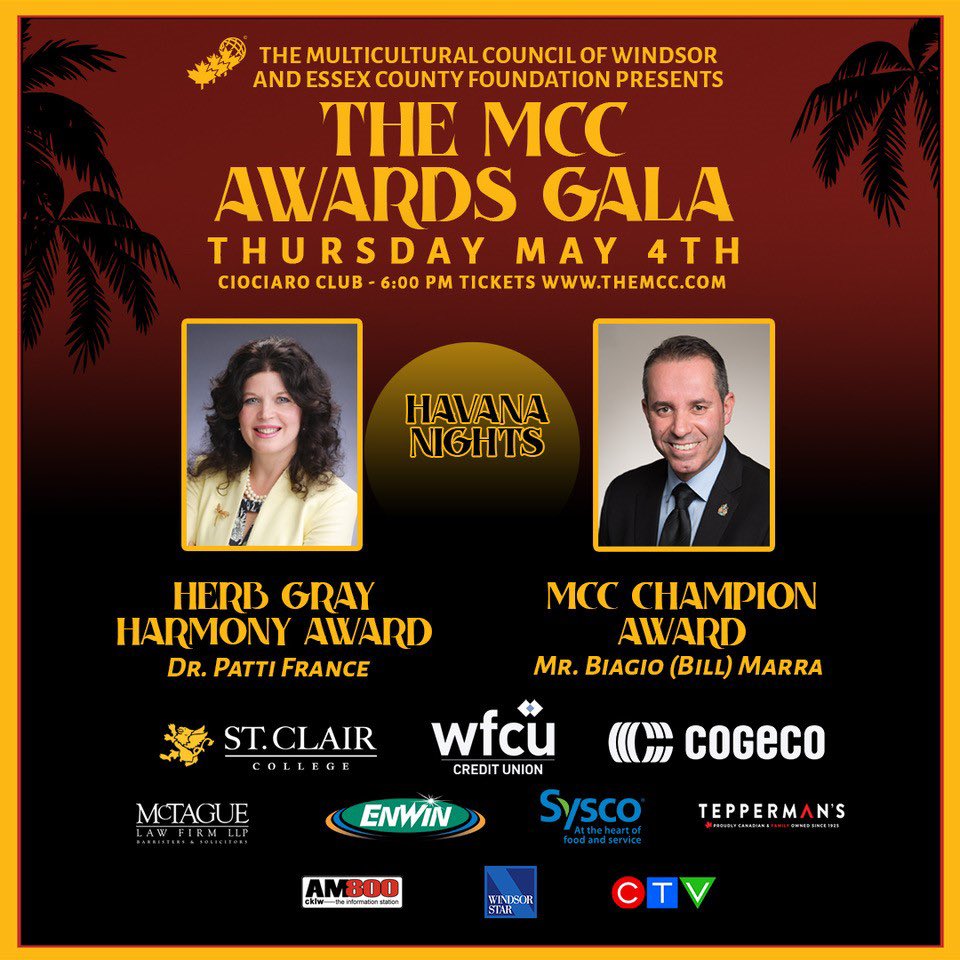 MediaStreetProd's tweet photo. Congratulations to Patti France from @StClairCollege and Bill Marra from @HDGHWindsor on their awards from @MultiCulturalCl. Two most deserving individuals! Thank you for being champions in our community! #YQG #hdgh #stclaircollege #inclusionmatters #diversity https://t.co/LQXiRXdVCt