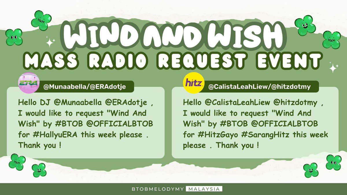 BTOBmelodyMY's tweet photo. Melody, don’t forget to send your requests for Hallyu ERA and for HITZ Gayo. Please put #WIND_AND_WISH spotify link as well 🍀💙
#BTOB @OFFICIALBTOB
#BTOBMYFanbase https://t.co/JnJs7lXeqk