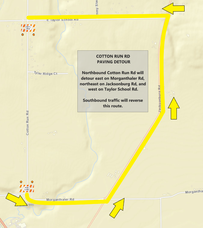 bceonews's tweet photo. Pavers will move to Cotton Run Rd sometime this morning, and it will be closed to THROUGH traffic. Local access will be maintained from one end of the road or the other, depending on what section is being paved at the time. #StClairTownship #WayneTownship https://t.co/AMTt0OkwNf