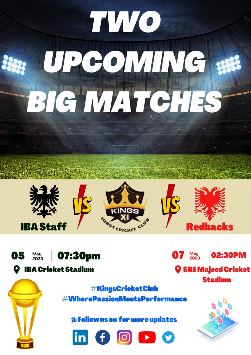Two upcoming big matches!
Stay tuned!

#KingsCricketClub #IBAStaffTeam #Redback #CricketMatch #IBACricketStadium #SREMajeedCricketStadium #Sportsmanship #TeamSpirit
