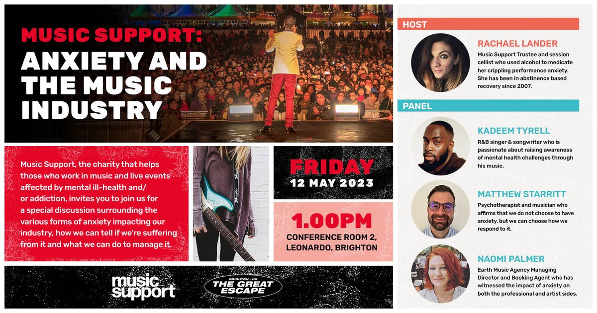 Musicsupport_uk's tweet photo. We're excited to be heading back to @thegreatescape on Friday 12th May where we're exhibiting throughout the day &amp; hosting a special panel on anxiety in the music industry at 1pm. We'd love to see you there :) 
Find out more👉https://t.co/g1KPQI5PYu 
#MentalHealthAwarenessWeek https://t.co/PKBj6CZ40J