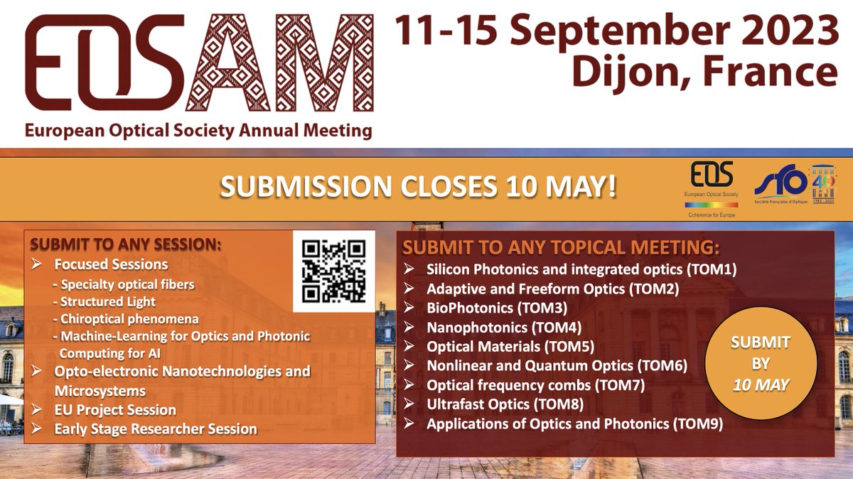 📣FINAL CALL FOR PAPERS at #EOSAM2023 covering computational imaging, AR/VR, AI optical design, microscopy techniques, nanophotonics, frequency combs, ultrafast optics, sensors, optical fibers, custom light fields, quantum optoelectronics, biophotonics, and chiroptical phenomena.