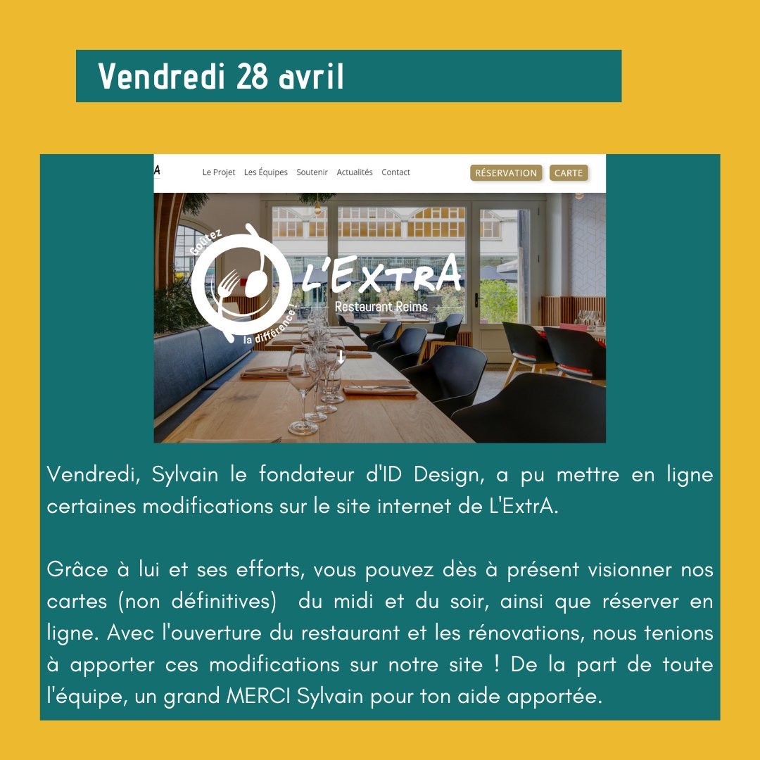 ✨[ACTUS DE L'EXTRA] ✨

1️⃣Inauguration de L'ExtrA
2️⃣Ouverture officielle du restaurant
3️⃣Site internet mis à jour, découvrez les cartes et réservez !

L'équipe de L'ExtrA.💛
#restaurant #inclusif #reims #travaux #handicap #ReimsExtraOrdinR #ouverture