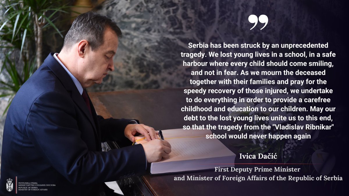 MFASerbia's tweet photo. 💬 As we mourn the deceased together with their families and pray for the  speedy recovery of those injured, we undertake to do everything in order to provide a carefree childhood and education to our children - DPM/FM #Dacic. 

#bookofcondolence

📄👇
https://t.co/p7OrxUiaMD https://t.co/Nv5aesUfKP