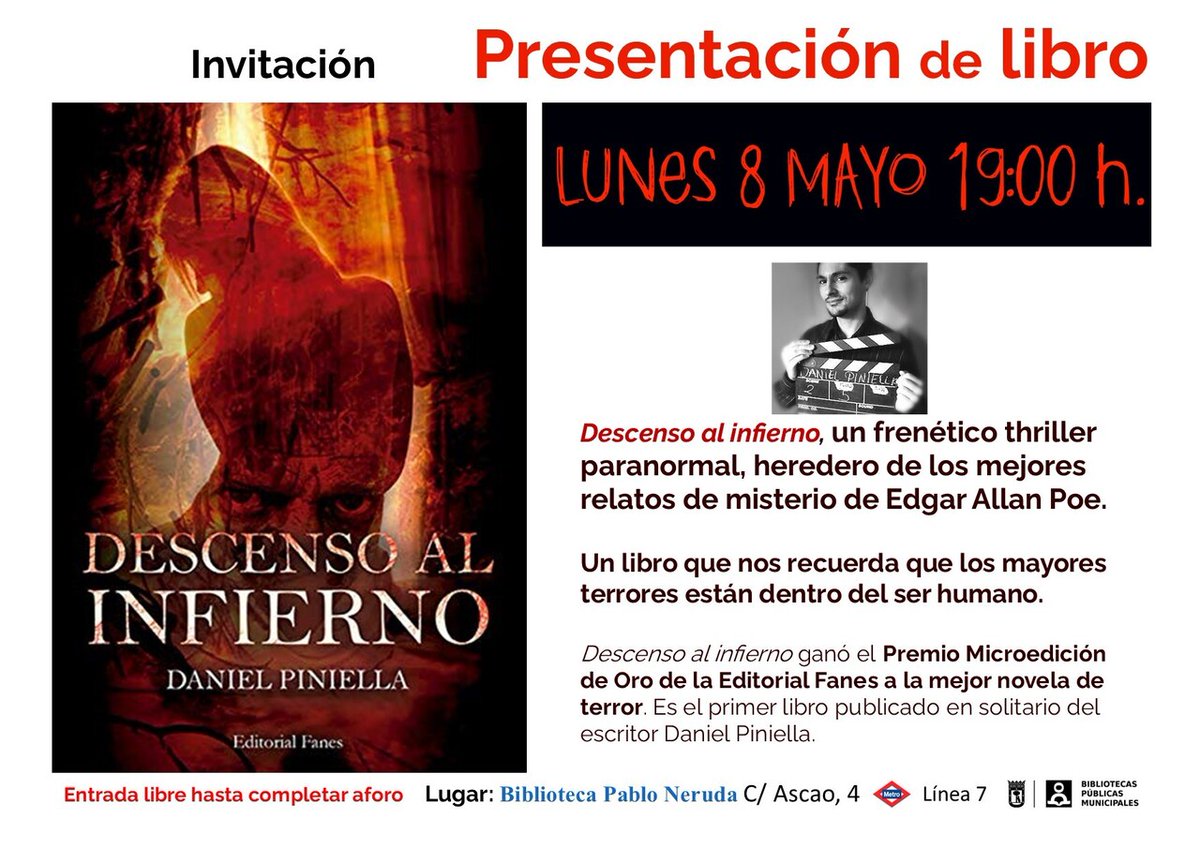 📚No te pierdas las actividades que te propone la #Biblioteca #PabloNeruda para la próxima semana:

✅Lunes, 8 de mayo. Presentación del libro 'Descenso al infierno' 📖
✅Jueves, 11 de mayo. Cuentacuentos en inglés 🇬🇧

¡Inscríbete! 

#BibliotecasMadrid