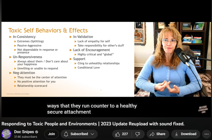 3,777 views  Premiered on 3 May 2023  Counselor Toolbox Podcast | Counseling CEUs | CPD  Episodes 1-399
Dr. Dawn-Elise Snipes is a Licensed Professional Counselor and Qualified Clinical Supervisor.  She received her PhD in Mental Health Counseling from the University of Florida in 2002.  In addition to being a practicing clinician, she has provided training to counselors, social workers, nurses and case managers internationally since 2006 through AllCEUs.com 

#toxic #relationship #attachment 
📢SUBSCRIBE and click the BELL to get notified when new videos are uploaded. 
If this video has helped you, please consider donating to support the channel Cashapp: 💲DocSnipes  Paypal: https://DocSnipes.com/Donate  YouTube:  DocSnipes.com/Join
💻 Online course based on this video can be found at 
https://AllCEUs.com Unlimited continuing education CEUs $59 
⭐ Specialty Certificate Programs and Masterclasses in Case Management and Counselor Certification beginning at $89 https://AllCEUs.com/certif