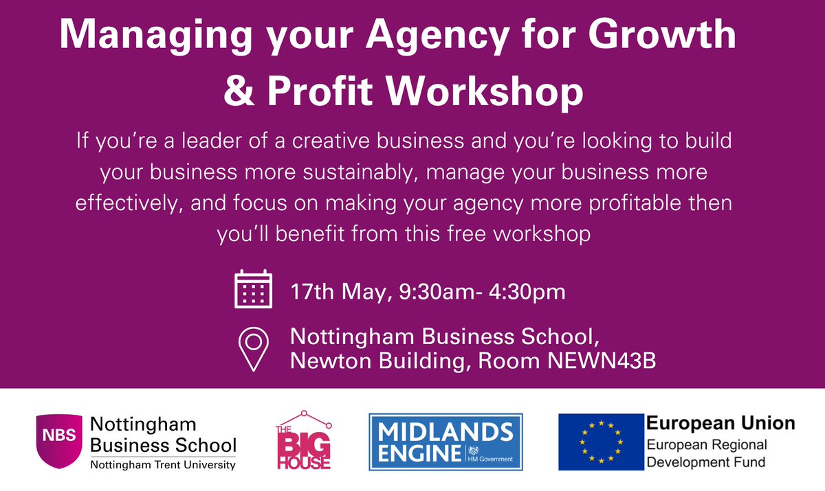 📣 Calling all Agency and Creative Business Leaders!

❇ The free workshop is specifically tailored for Agency and Creative Business Leaders and will cover the key components of creative agency success and profit.

👉Register: forms.office.com/Pages/Response…

#NBS #ERDF #MidlandsEngine