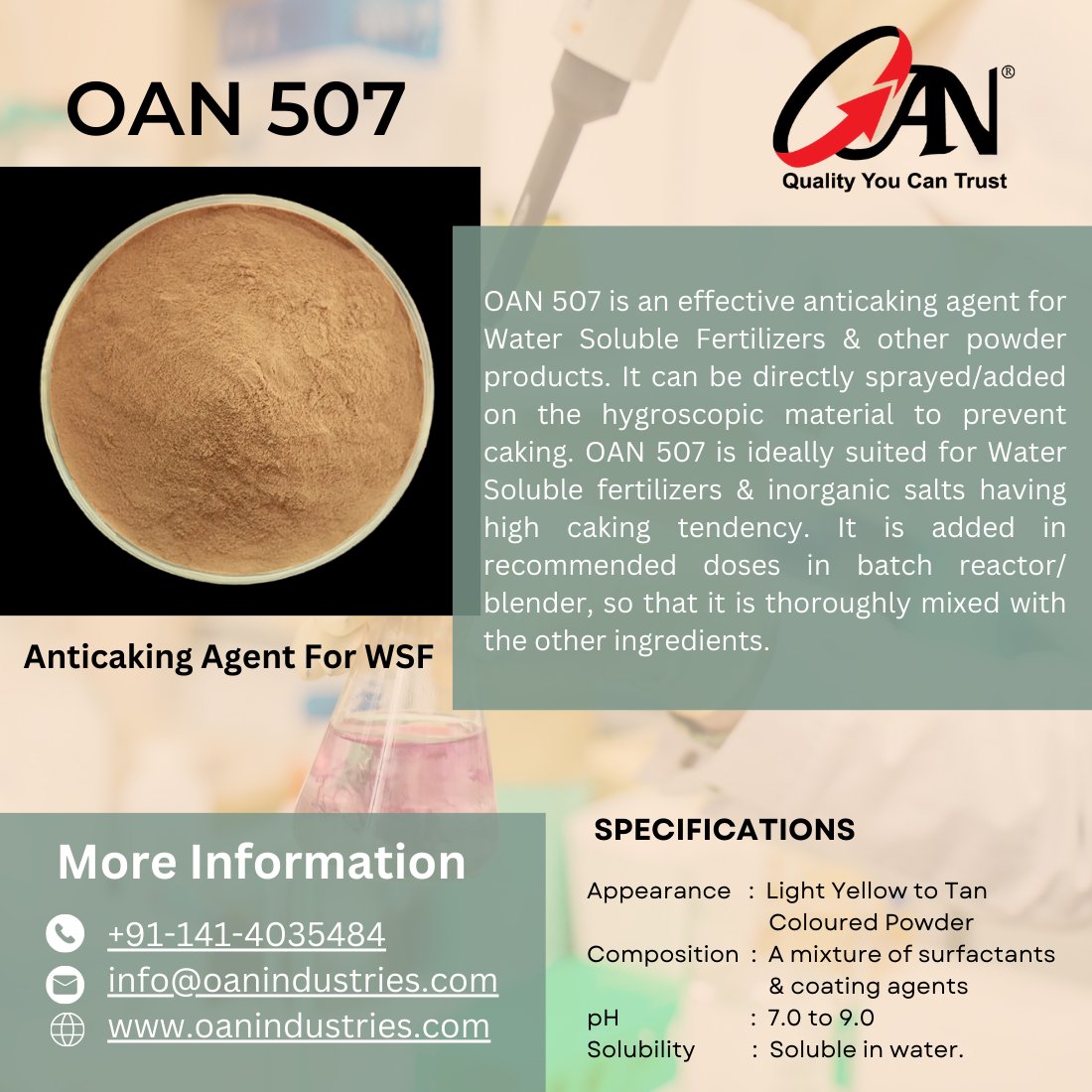 oanindustries's tweet photo. OAN 507 - Anticaking Agent for Water Soluble Fertilizer #anticakingagent #anticakingwsf #wsfadditive #fertilizeradditive #additives #fertilizers #oanindustries https://t.co/nK8xDkIlEP