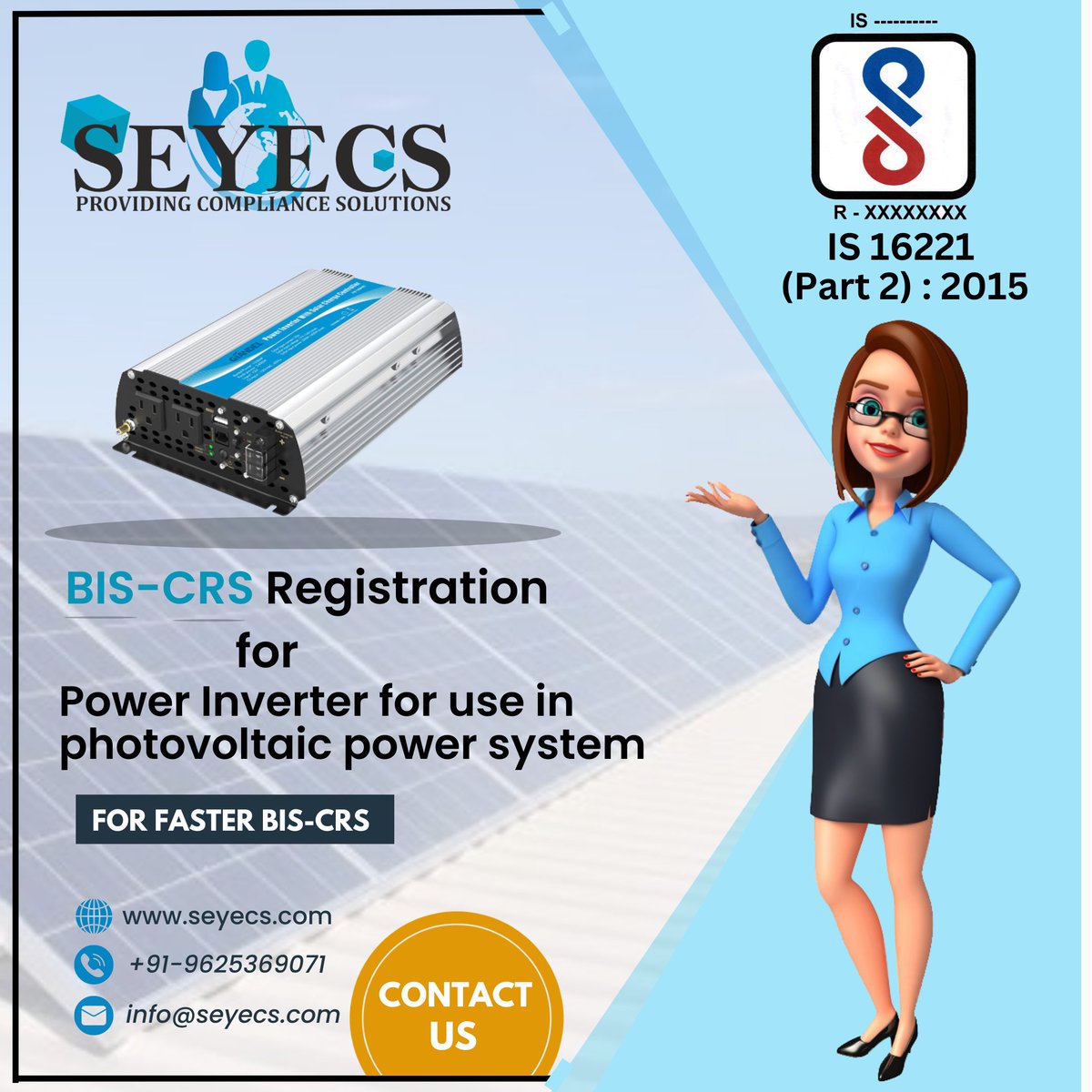 SilvereyeCerti1's tweet photo. BIS-CRS Registration
for Power Inverter for use in photovoltaic power system
IS 16221
(Part 2) : 2015
Visit website:
https://t.co/tBi554P0vB
Email: sales01@seyecs.com
#seyecs #silvereyecertifications #BISCertification #biscrs #photovoltaic #powersystem #powerinverter https://t.co/rIpICTD0nj