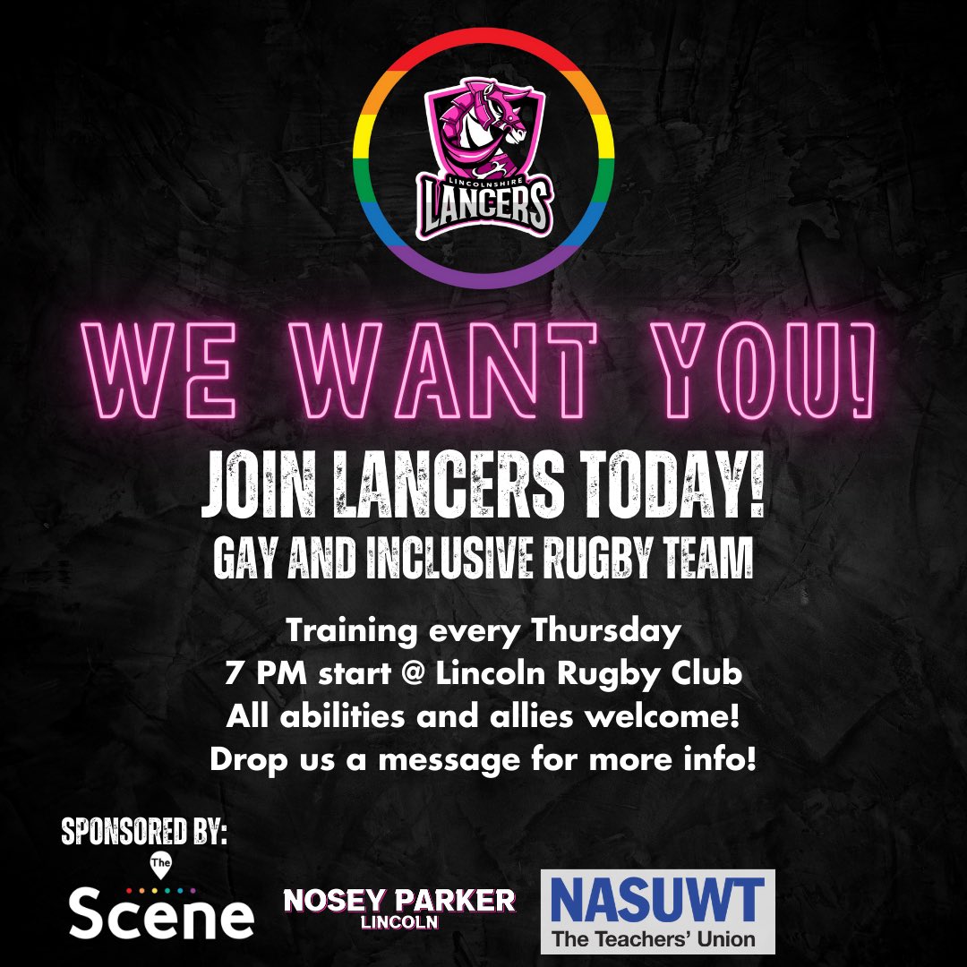 lancers_rfc's tweet photo. Hey All!

We are the Lincolnshire Lancers - gay and inclusive rugby team, and we are calling YOU to join us!

No matter your background or experience level, we welcome you with open arms! 🏳️‍⚧️🏳️‍🌈

DM us for more details. 🎉

#lincolnshirelancers #gayrugby #igr #rugbyforall #lancers https://t.co/AX0cNHp5cj